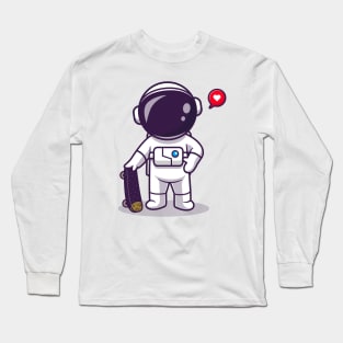 Cute Astronaut Playing Skateboard Cartoon Long Sleeve T-Shirt